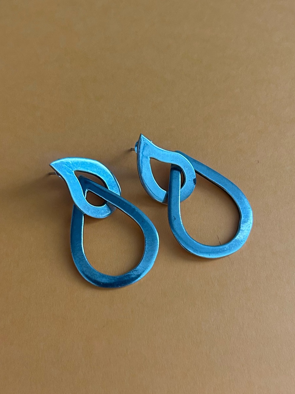 Large Sterling Silver Interlock Open Teardrop Dangle Statement Earrings Vintage - Picture 10 of 13